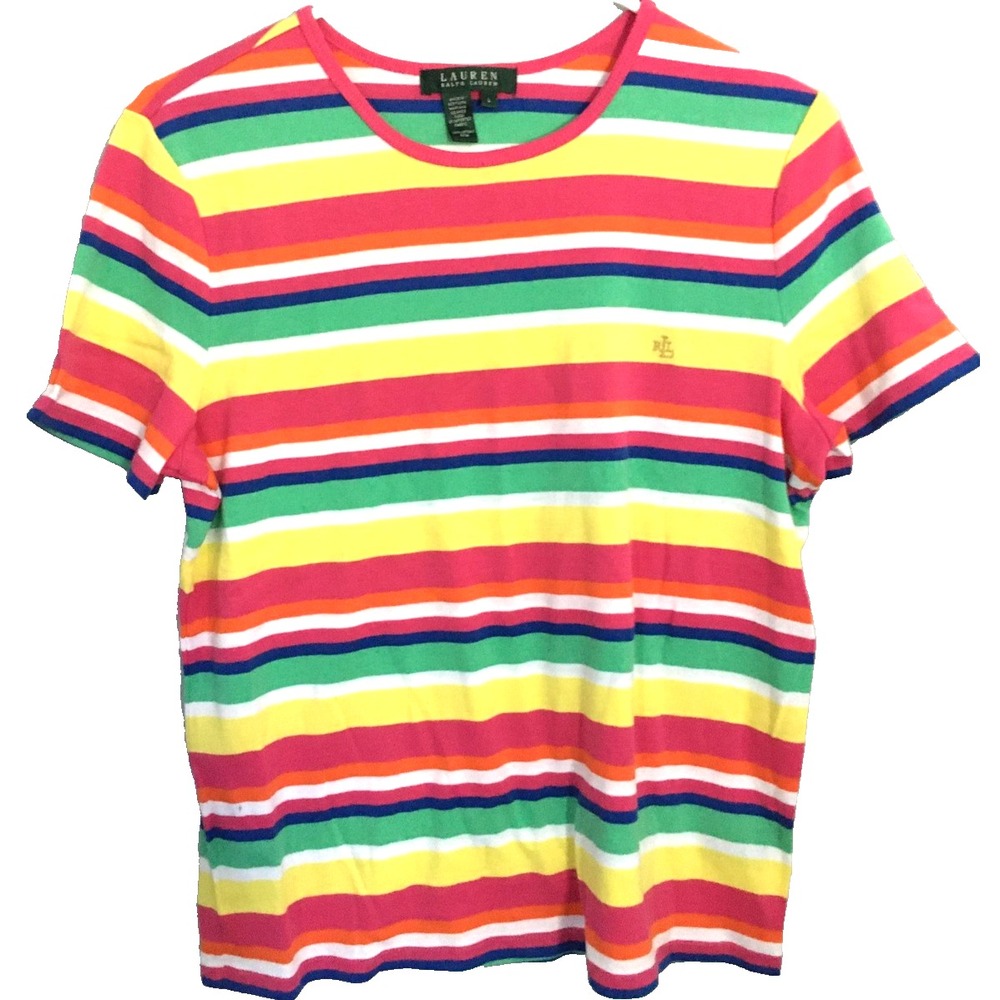 Lauren Ralph Lauren Shirt Womens Large Multi Color Rainbow Stripe Tee LRL Logo